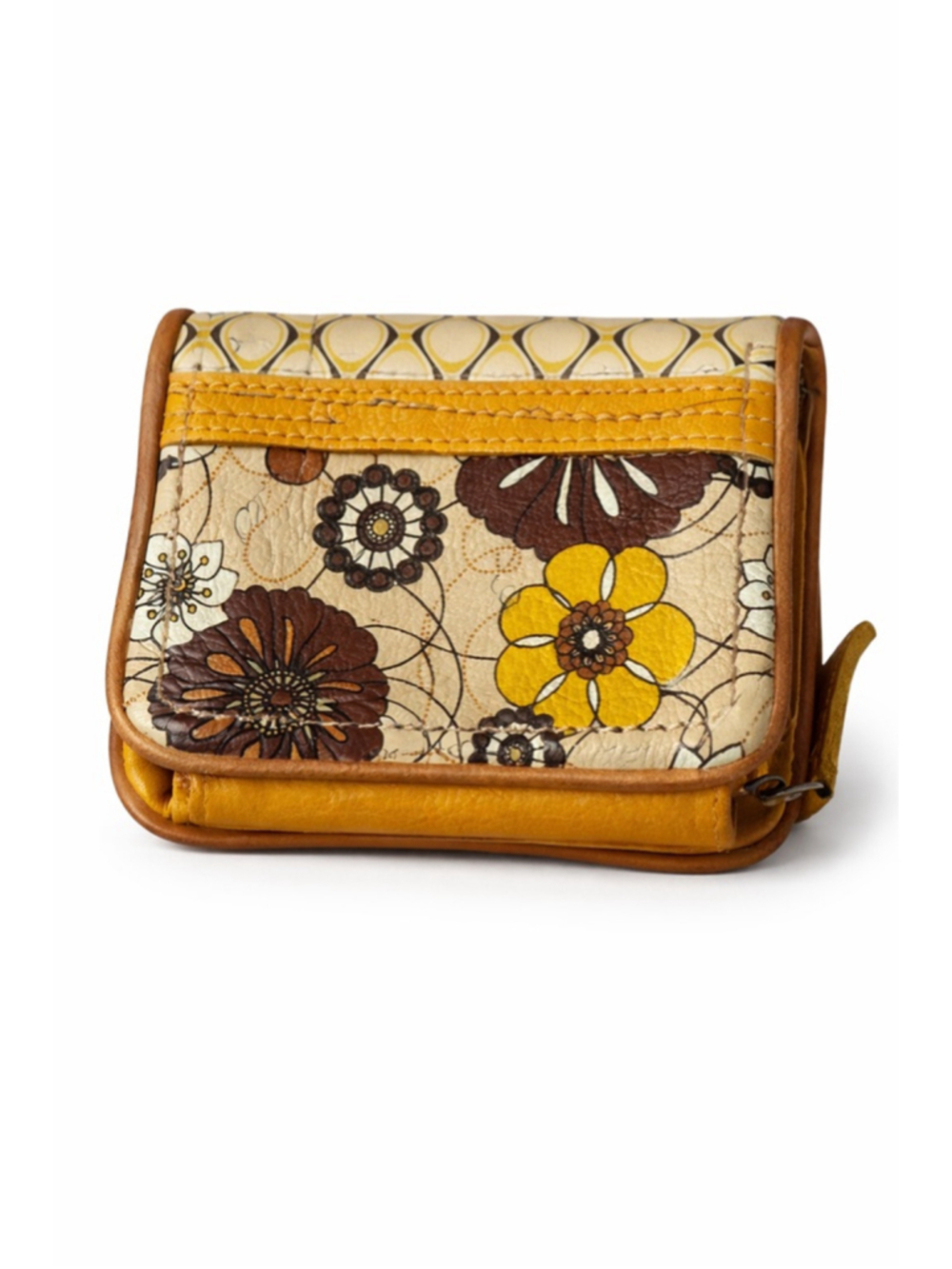 Fossil Floral Leather Wallet Mustard Yellow Brown Boho Vintage Style